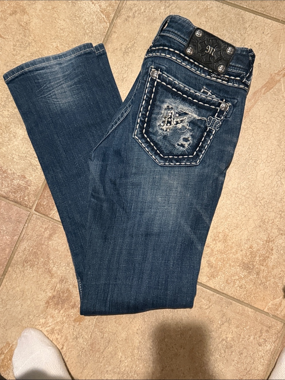 Miss Me Distressed Dark Blue Straight Leg Jeans